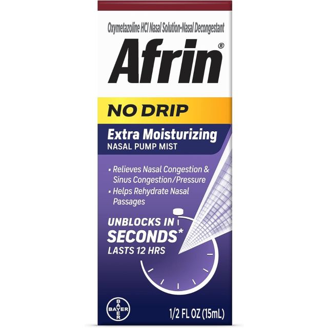 Afrin No Drip Extra Moisturizing 12 Hour Nasal Congestion Relief Pump Mist, Sinus Spray Decongestant - 15 mL